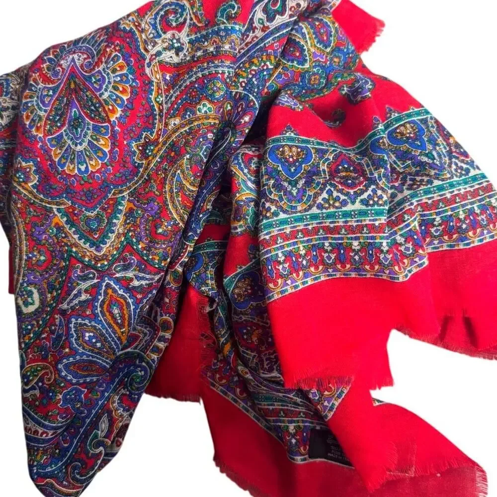 Vintage Specialty House Pure Wool Paisley Red Square Scarf Wrap Made in Italy